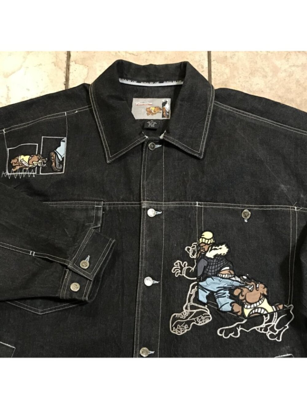 Men's Vintage Raw Blue Embroidered Denim Jacket-Hip Hop -Size 4XL